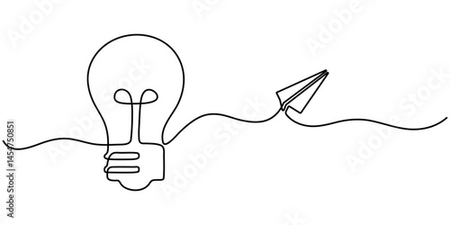 bulb with paper plan continuous one line Light Bulb, Creativity, Aspirations Continuous Line Icon, Continuous line drawing paper plane, mind, and bulb. Creative solution strategy landing page vector. 