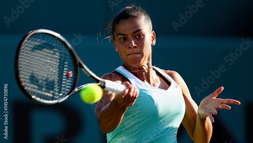 Action packed tennis match with female athlete in dynamic forehand shot