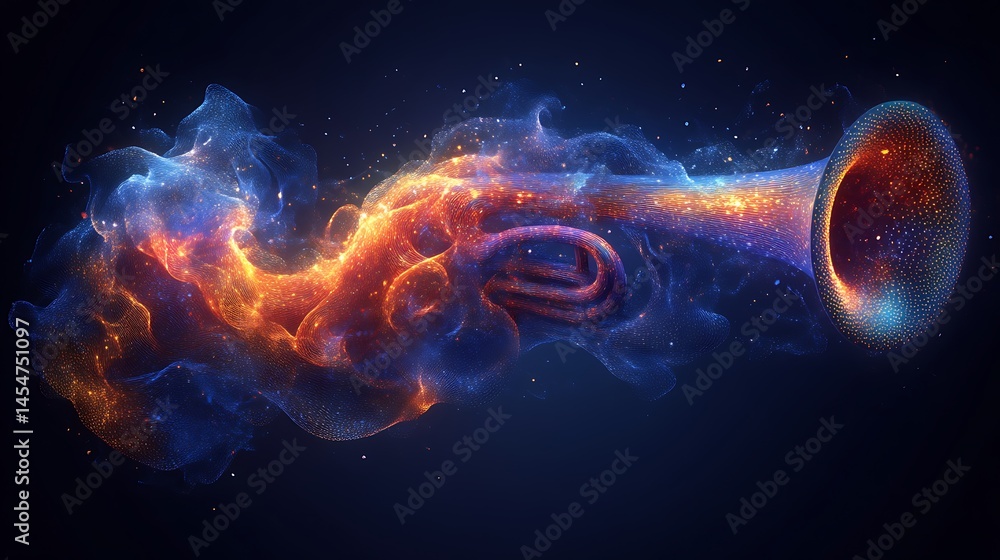 Obraz premium A digitally rendered trumpet composed of colorful swirling particles