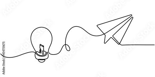 bulb with paper plan continuous one line Light Bulb, Creativity, Aspirations Continuous Line Icon, Continuous line drawing paper plane, mind, and bulb. Creative solution strategy landing page vector. 