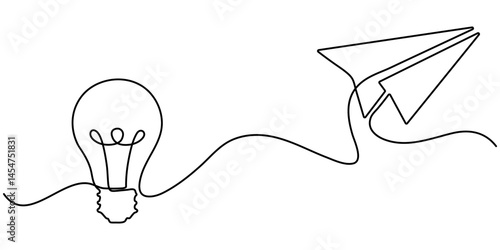 bulb with paper plan continuous one line Light Bulb, Creativity, Aspirations Continuous Line Icon, Continuous line drawing paper plane, mind, and bulb. Creative solution strategy landing page vector. 