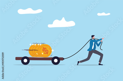 Entrepreneur initiative idea, ambition to push effort to success, start new business or company with creativity development, innovation or invention concept, businessman pull new creative gold coin.