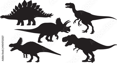 A vector illustration of dinosaur silhouettes featuring a stegosaurus, brontosaurus, velociraptor, and triceratops