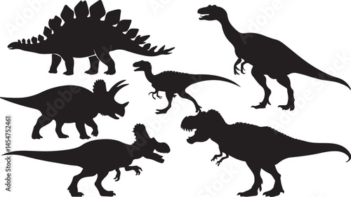 A vector illustration of dinosaur silhouettes featuring a stegosaurus, brontosaurus, velociraptor, and triceratops