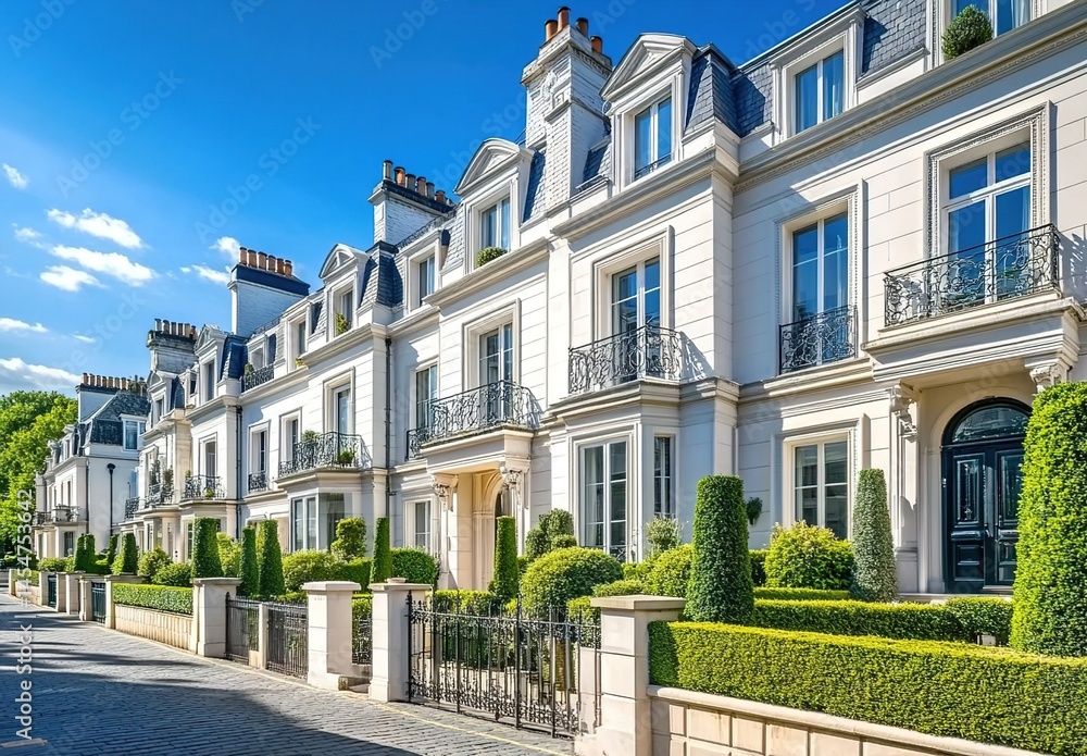 Obraz premium A row of off - white European - style townhouses with well - trimmed greenery and a clean street