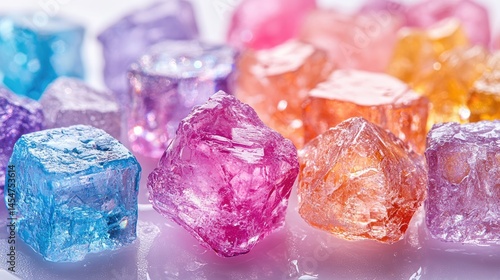 A visually striking arrangement of ice cubes in various colors,