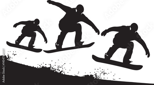 A vector illustration of silhouettes of a snowboarder in mid-air performing tricks on a snowboard against a minimal background.