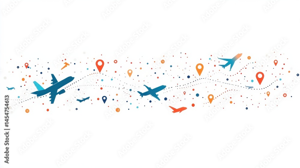 Fototapeta premium Plane paths vector. Aircraft tracking, planes silhouettes, location pins isolated on white background. Illustration of route flight line, air jet travel illustration , no logos, no brands