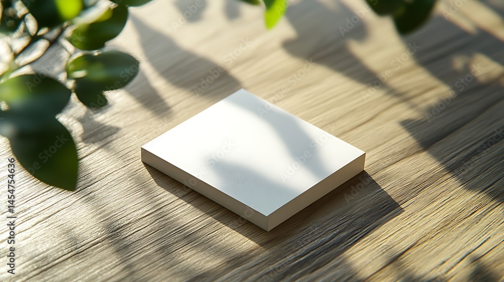 Fototapeta premium Clean business card mockup on a wooden surface with gentle natural light from the side