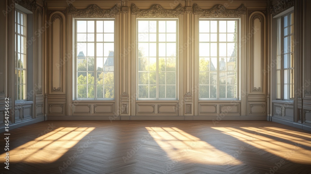 Fototapeta premium Elegant sunlit room with ornate panelling