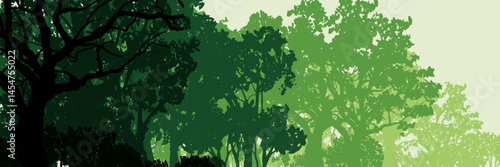 Forest landscape. Layered background with deciduous trees. Parallax effect. Horizontal blue panoramic backdrop with trees and bushes.