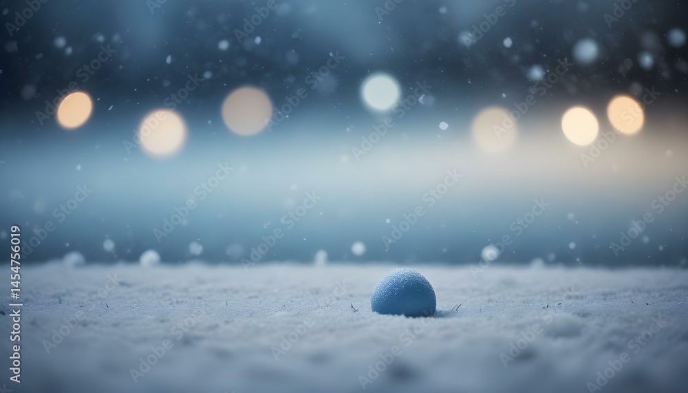 A tranquil winter scene features a small blue snowball in fresh, falling snow with bokeh lights. A tranquil winter scene features a small blue snowball in fresh, falling snow with bokeh lights.