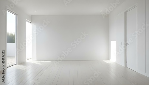 A spacious and bright minimalist interior bathed in natural sunlight, creating a tranquil atmosphere.