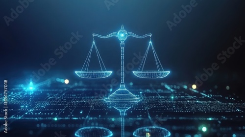 A technology - inspired balance scale pattern composed of lines and points against a dark blue background, with glowing nodes and connections around it