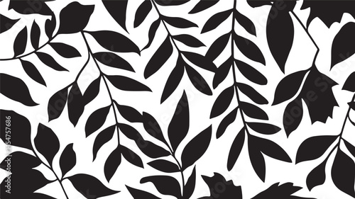 A vector illustration of black silhouette leaves set against a white background, with a variety of shapes and sizes, including veined leaves.