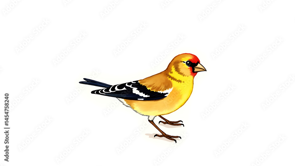 Fototapeta premium Realistic Watercolor Goldfinch with Warm-Toned Feathers on a White Background