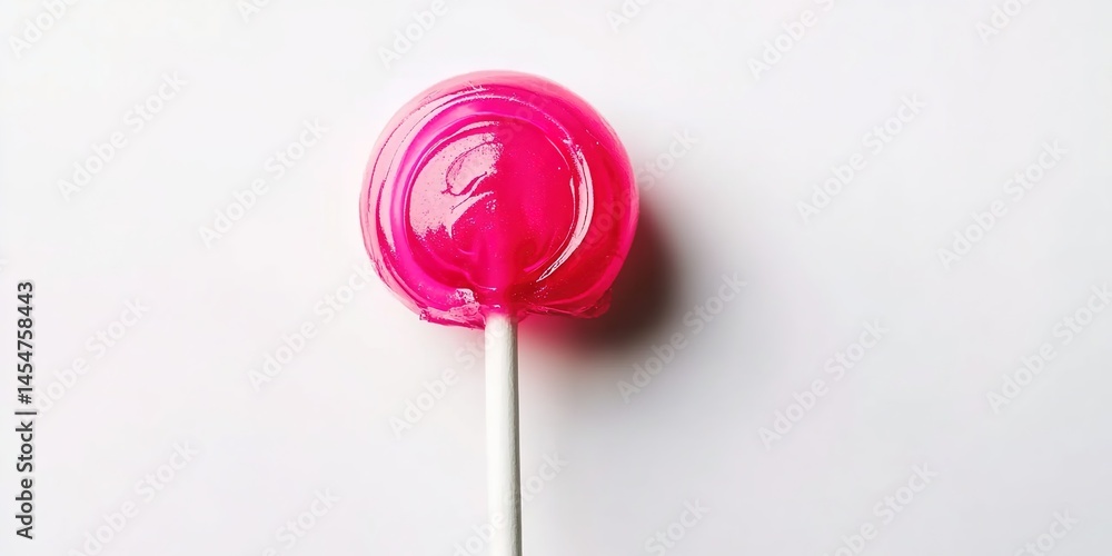 Obraz premium A pink round lollipop with a glossy surface on a white stick, against a pure white background, highlighting the lollipop's color and shape.