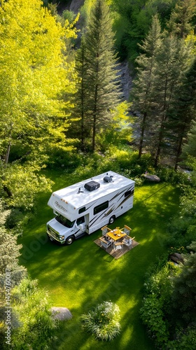 Family enjoying a peaceful picnic in nature near their rv surrounded by lush wooded area
