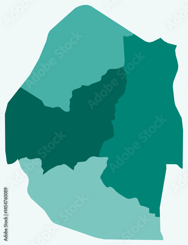 Map of ESwatini with regions. Just a simple country border map with region division. Teal color palette. Flat ESwatini shape with administrative division. Vector illustration.