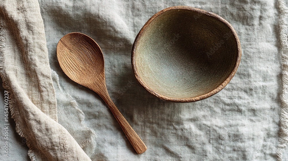 Wooden Spoon and Bowl Set on Raw Linen Cloth from Top View Wooden Spoon and Bowl Set on Raw Linen Cloth from Top View