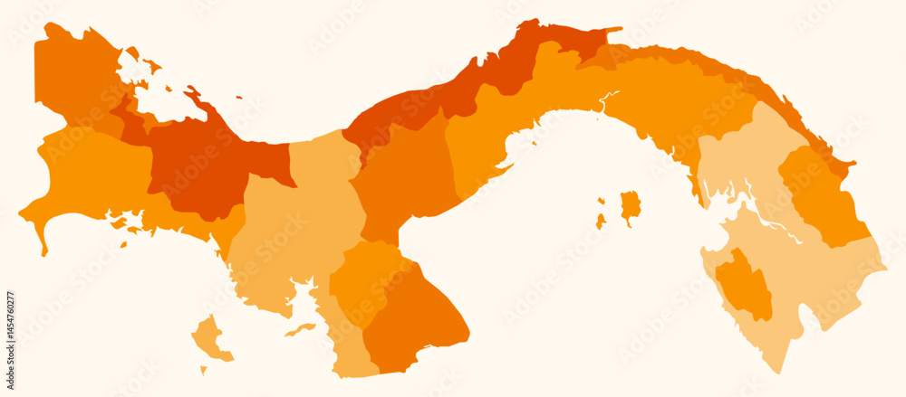 Map of Panama with regions. Just a simple country border map with region division. Orange color palette. Blank Republic of Panama shape with administrative division. Vector illustration. Map of Panama with regions. Just a simple country border map with region division. Orange color palette. Blank Republic of Panama shape with administrative division. Vector illustration.