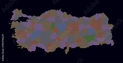 Turkey dotted map. Digital style map of the country on dark background. Turkey shape with square dots. Colored dots style. Small size squares. Simple vector illustration.