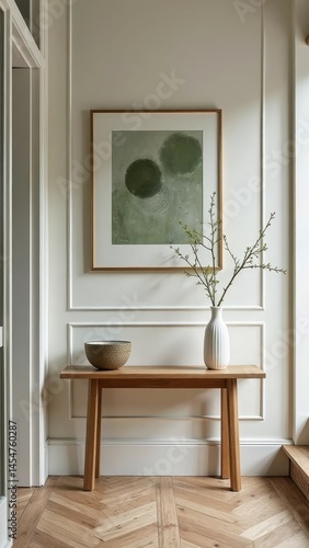 Minimalist hallway decor with wooden table and green art