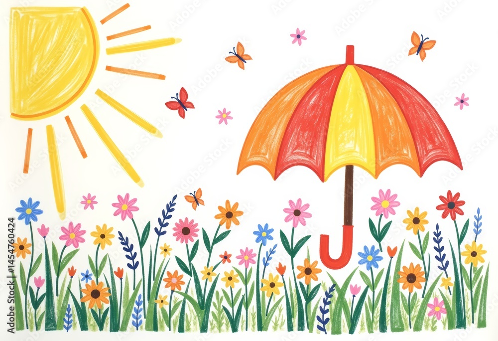 Fototapeta premium Child's colorful flower-shaped umbrella drawing in a vibrant garden 