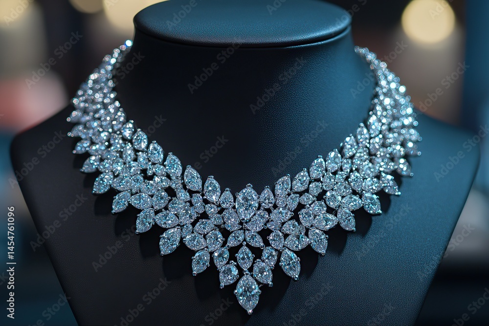Natural stone necklace on jewelry stand on blurred lights background