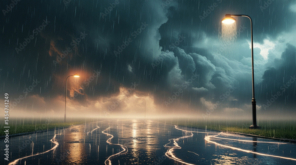 A torrential downpour of heavy rain loops creating intense weather effects with dark clouds and rapid rainfall motion.