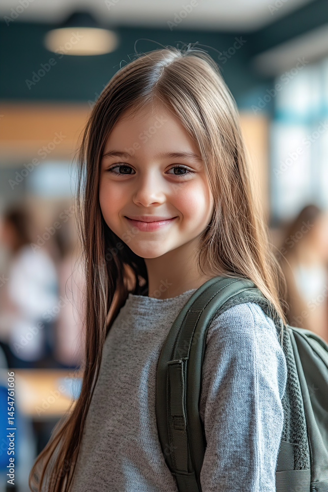 Cute smiling schoolgirl posing on blurred classroom background