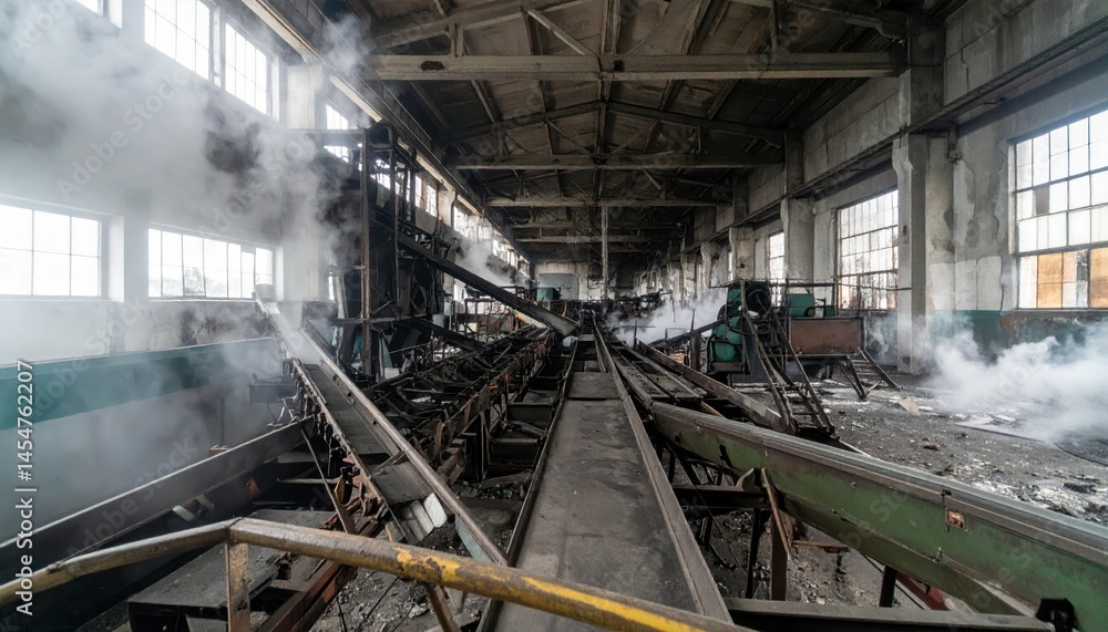 Fototapeta premium Industrial Warehouse with Machinery and Steam in Abandoned Setting