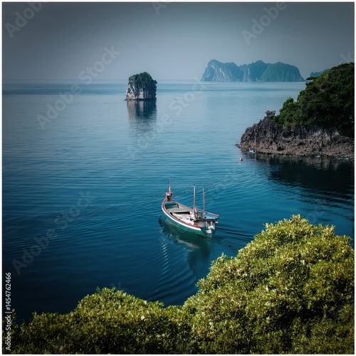 Peaceful Blue Sea With Passing Boat
