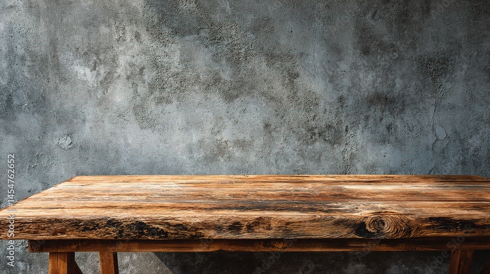 Rustic Wooden Table Against Textured Concrete Wall Background Rustic Wooden Table Against Textured Concrete Wall Background