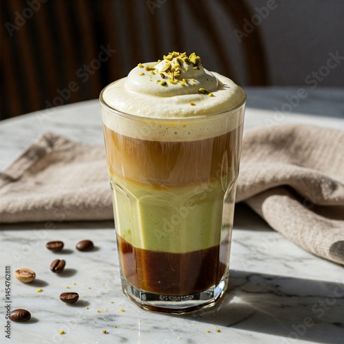 Iced Pistachio Cream Latte in Sunlight