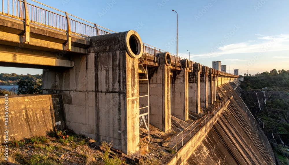 Fototapeta premium Concrete dam structure with scenic view and sunset lighting