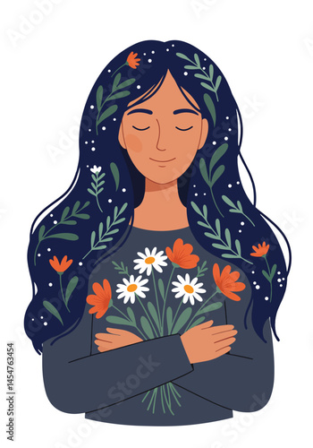 Adobe Illustrator Artwork Serene spring illustration of a woman embracing a bouquet of daisies, with flowers and leaves adorning her flowing hair in a flat vector style. Perfect for springtime themes