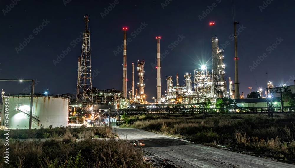 Fototapeta premium Nighttime View of Industrial Oil Refinery with Bright Lights and Stacks