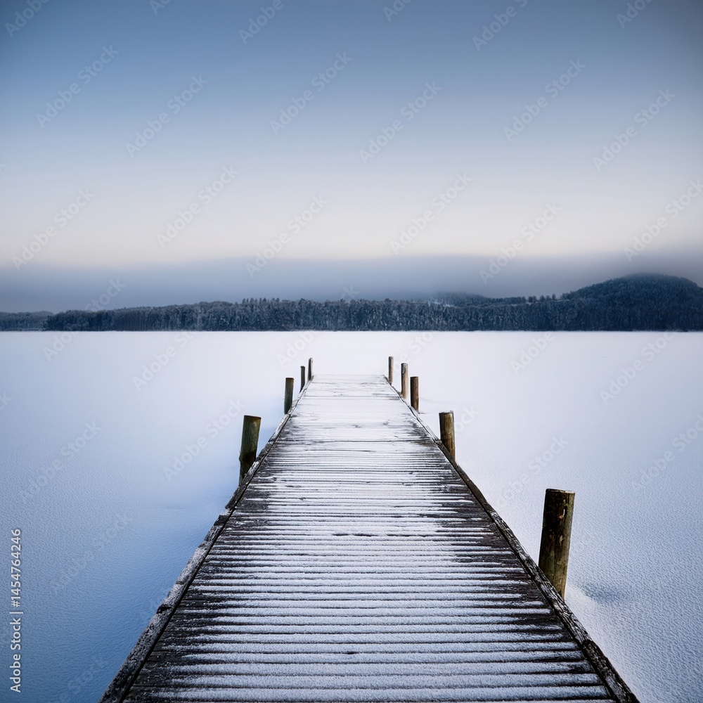 Naklejka premium Snow Covered Pier On Frozen Lake