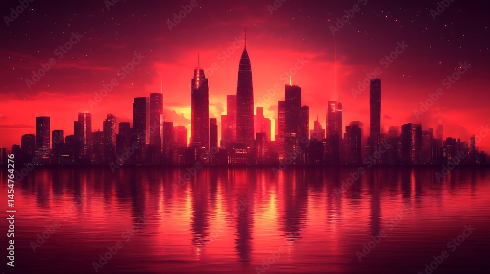 Obraz premium A stunning cityscape reflecting in calm water under a red sky