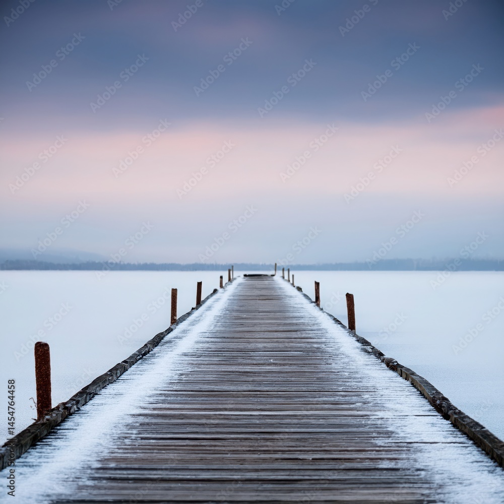 Fototapeta premium Winter Landscape With Frozen Water And Dock
