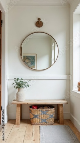 Minimalist entryway with wooden bench, round mirror, and houseplant on pale walls