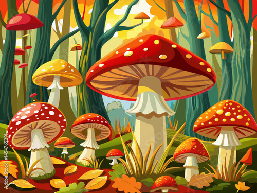 vector of Vibrant fly agaric mushrooms in an autumn moss forest