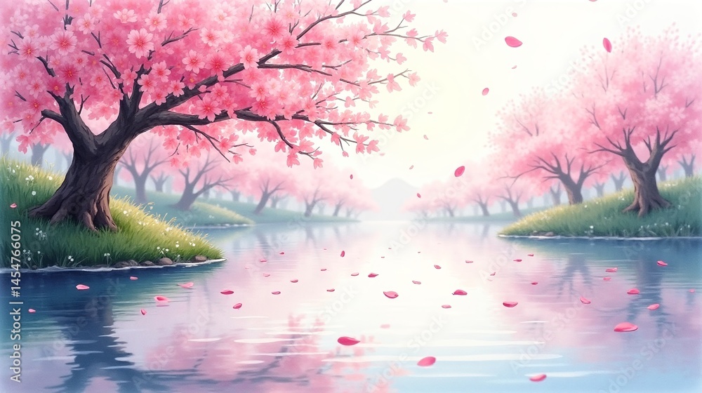 Naklejka premium Whispering Winds: Blossoms' Dance on Water