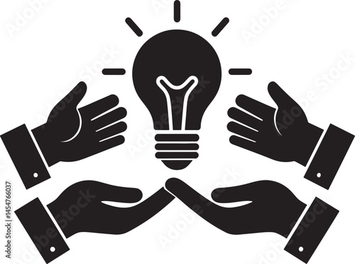 A minimalistic icon featuring hands surrounding a glowing light bulb represents innovation and teamwork. Perfect for business, teamwork, and collaborative concepts highlighting shared creativity ideas