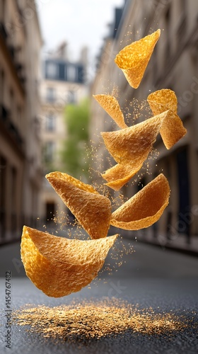 A deliciously irresistible bunch of chips playfully falling from the sky in a fun scene