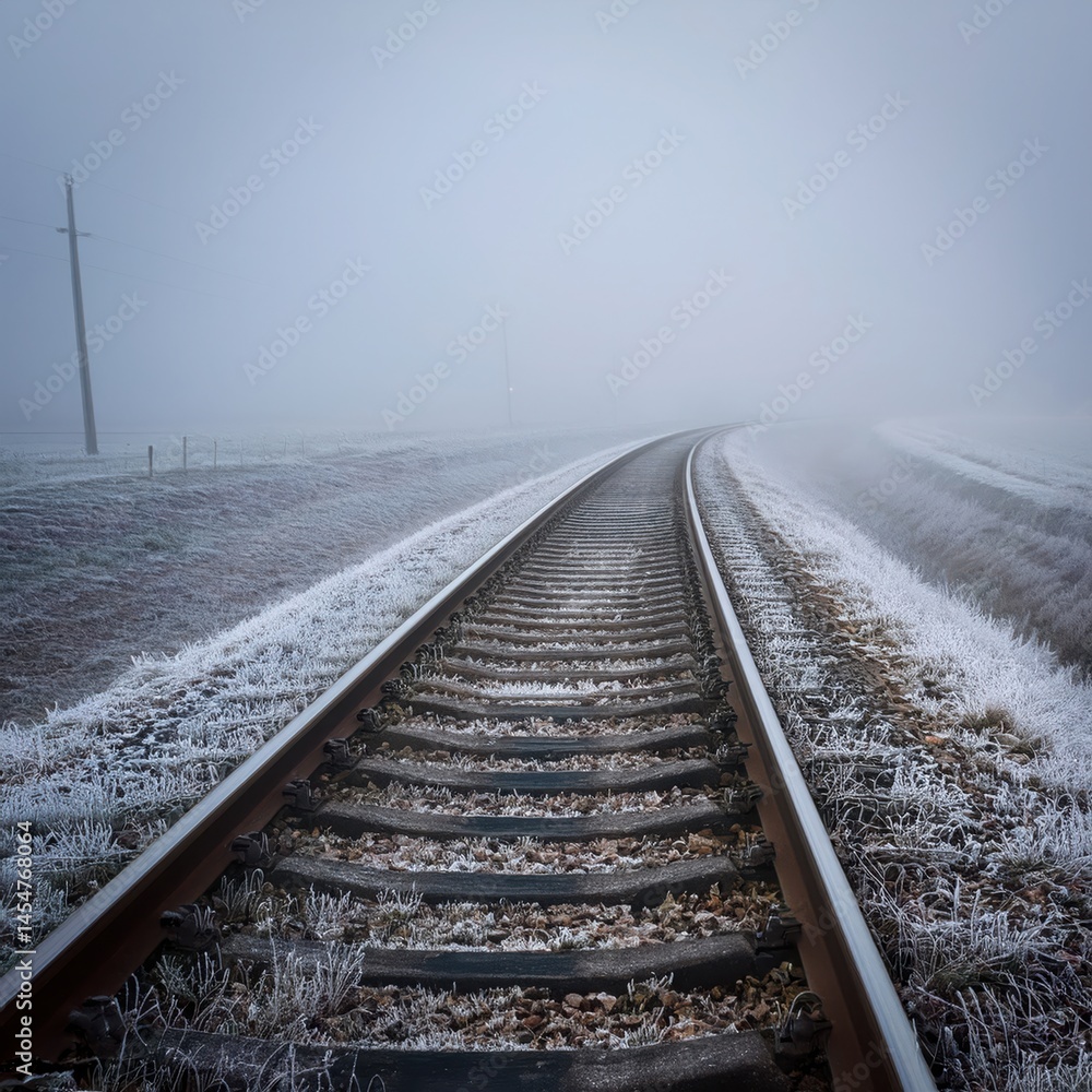 Fototapeta premium Winter Landscape With Curved Railway Line