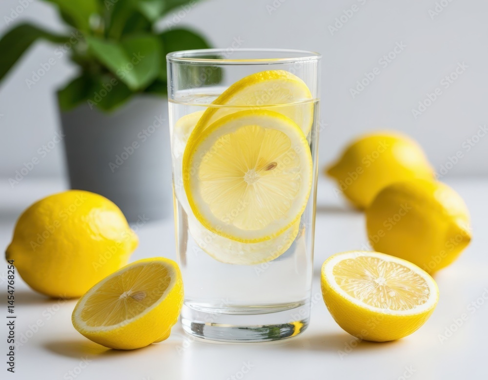 A simple glass of water with fresh lemon slices on a clean white background. Refreshing and minimal healthy beverage. A simple glass of water with fresh lemon slices on a clean white background. Refreshing and minimal healthy beverage.