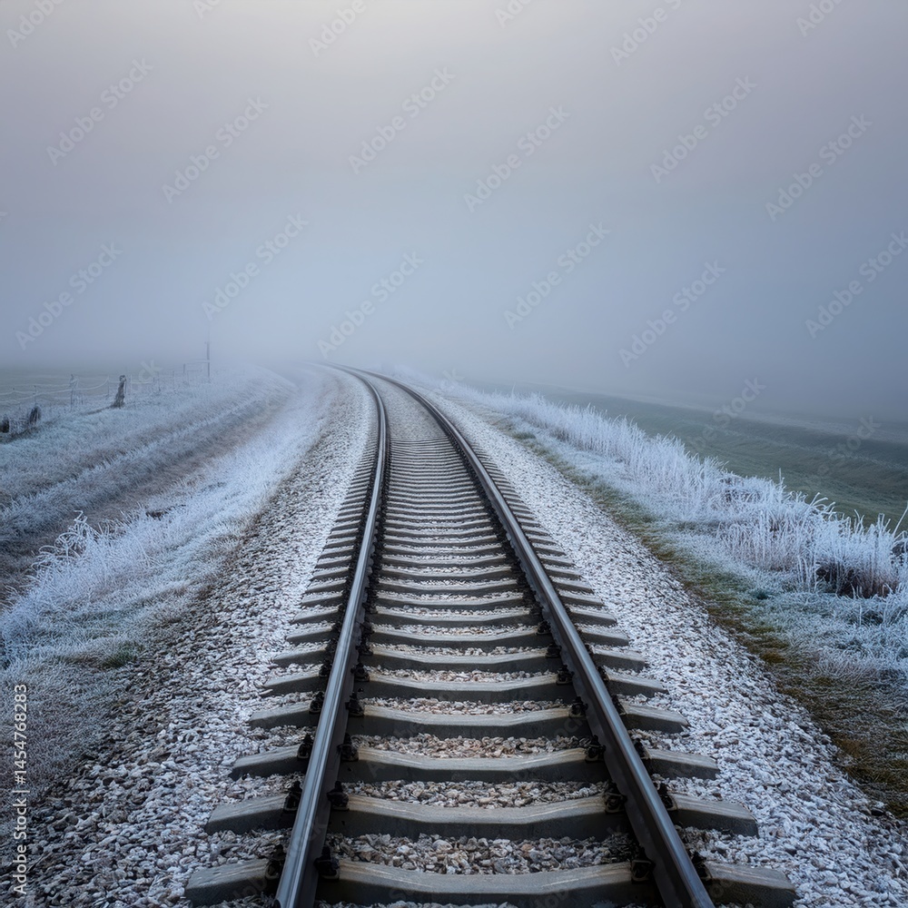 Fototapeta premium Tranquil Curve Of Rails In Icy Landscape