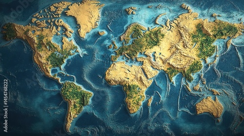 A highly detailed 3D-rendered physical world map showing continents and oceans with distinct textures and colors.